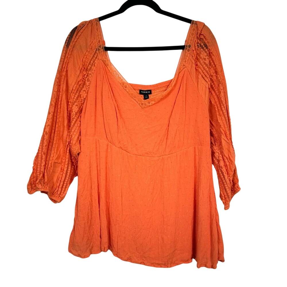 Torrid Orange Lace Boho Blouse Womens 1X Smocked Eyelet Girl Shirt Cottage Core